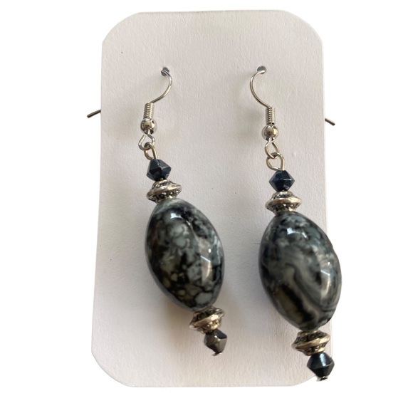 Gray and Black Stone Beaded and Silver Drop Earrings - Picture 1 of 4